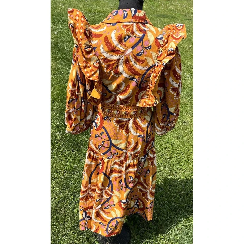 Farm Rio Shirt Dress Womens Small Yellow‎ Palms Party Midi Ruffle Belted Floral